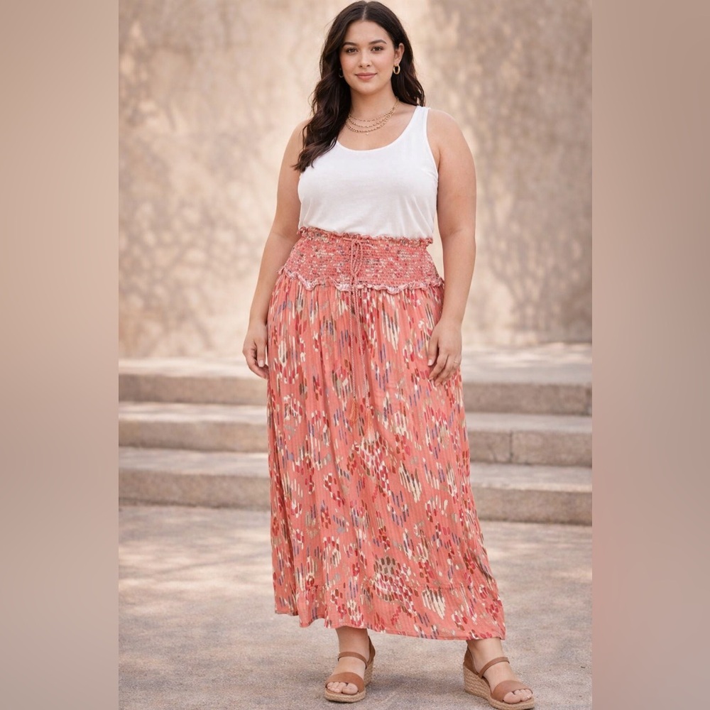 NWT Plus Size Coral Printed Smocked Waist Maxi Skirt